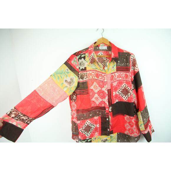 Vintage Large Top Patchwork Floral Boho Multicolor Western Maximalist 90s Sheer - Picture 6 of 9